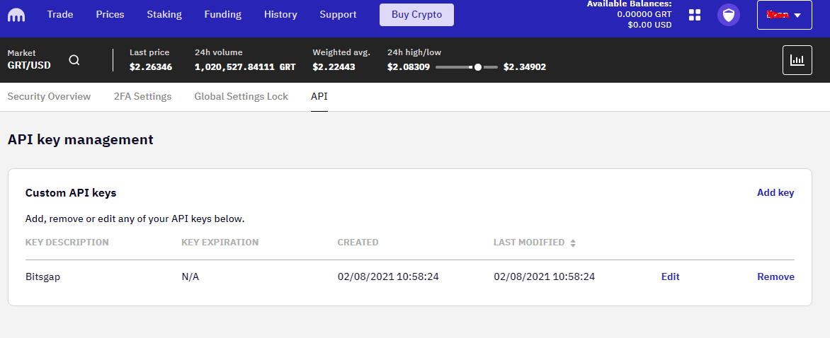 add api key to bitsgap through kraken exchange