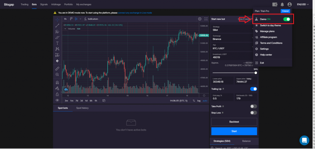 turn on bitsgap demo mode tutorial