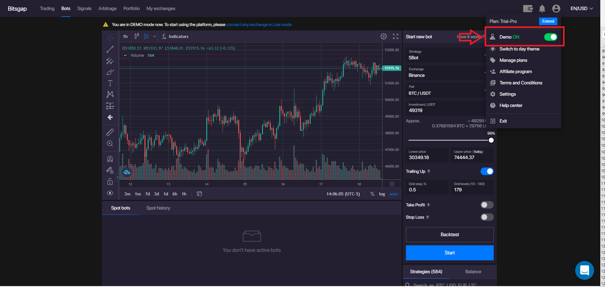turn on bitsgap demo mode tutorial