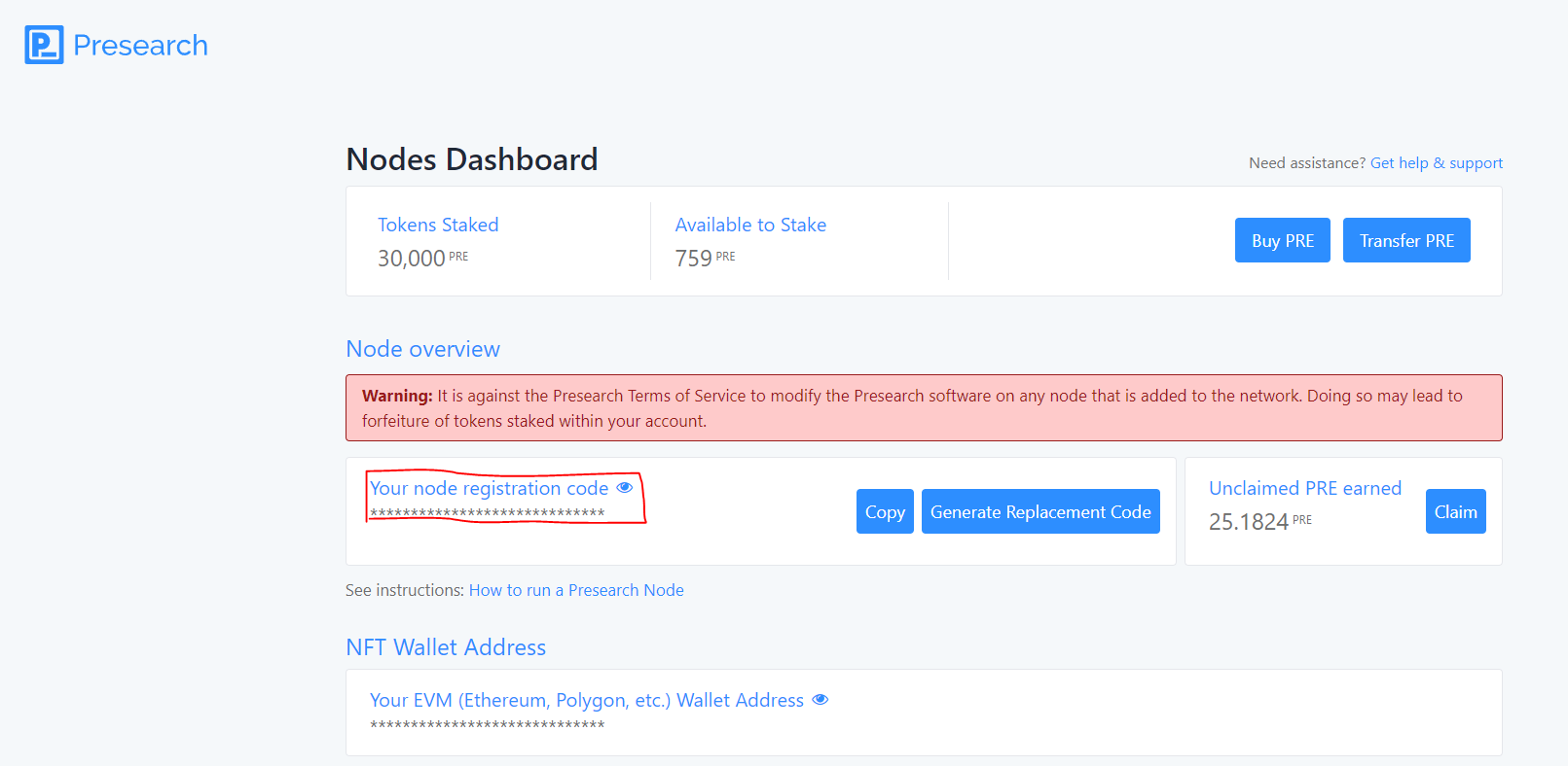 presearch node registration code from dashboard